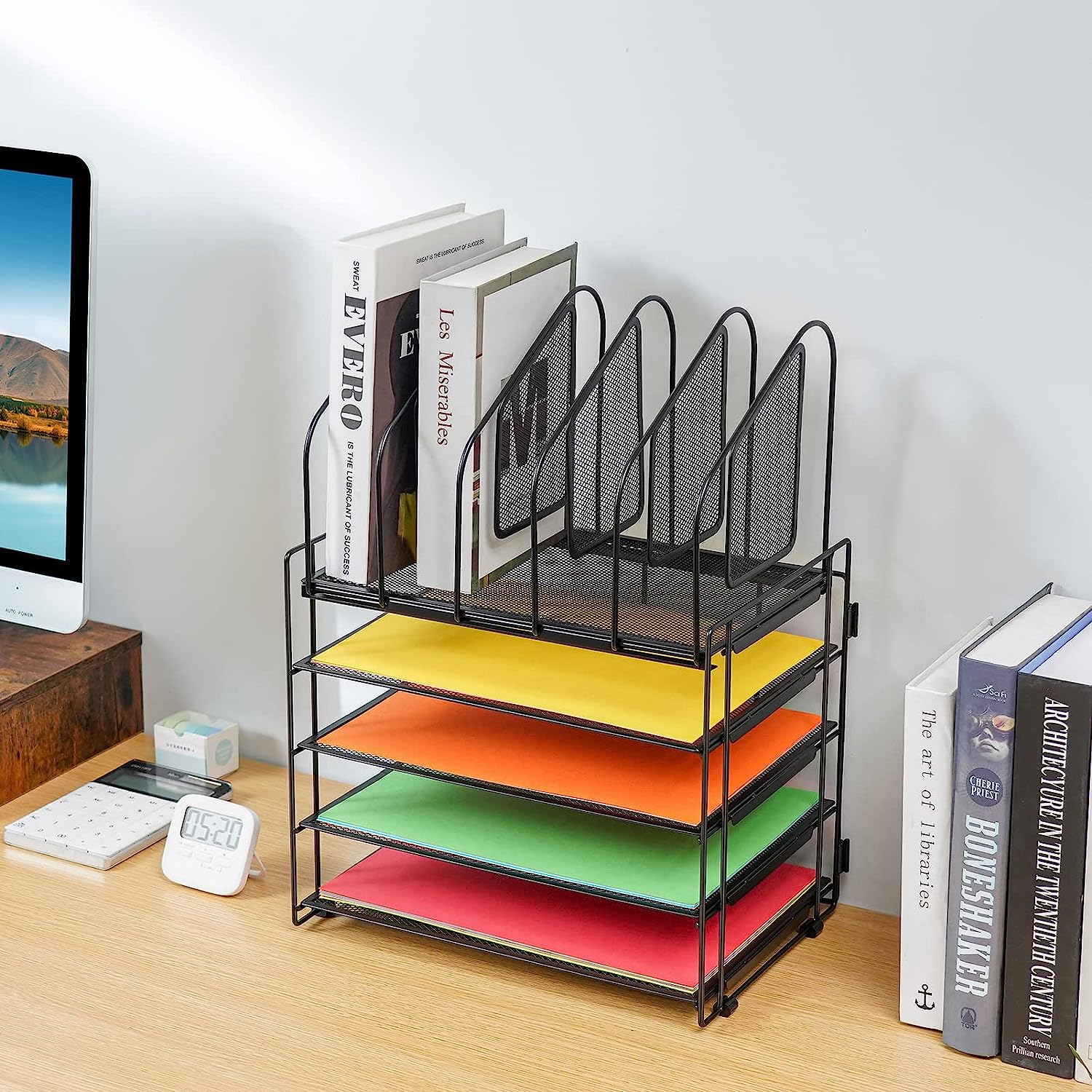 Lavatino Desk Organizers with File Sorter, 5-Tier Mesh Desk File Organizer with 5 Vertical File Holders, Multifunction Desktop Organizer, Desk Organizers and Accessories for Home Office - Image 4